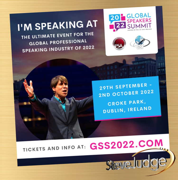 SteveJudge's tweet photo. Count down…as it’s one month until I speak on the main stage at the ‘Global Speakers Summit’ in Dublin from 29th September.

Empowering the attendees to focus on their GOLD and inspiring them to achieve it. (Goal, Opportunity, Love and Dream)
 #goodtogold #GSS22 and #PSAUKI https://t.co/NezF3gxSx8