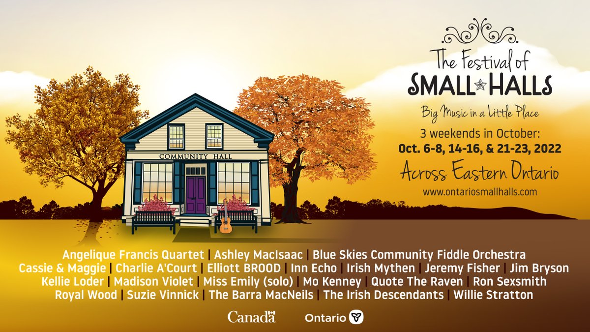 We're back with one of the biggest and best #ontariosmallhalls lineups yet! 🍂 Join us for 3 weekends in October in small halls ⛪️ across Eastern Ontario, for some BIG music 🎶 featuring extraordinary Canadian talent. Starting October 6th. Tix & Info here: ontariosmallhalls.com