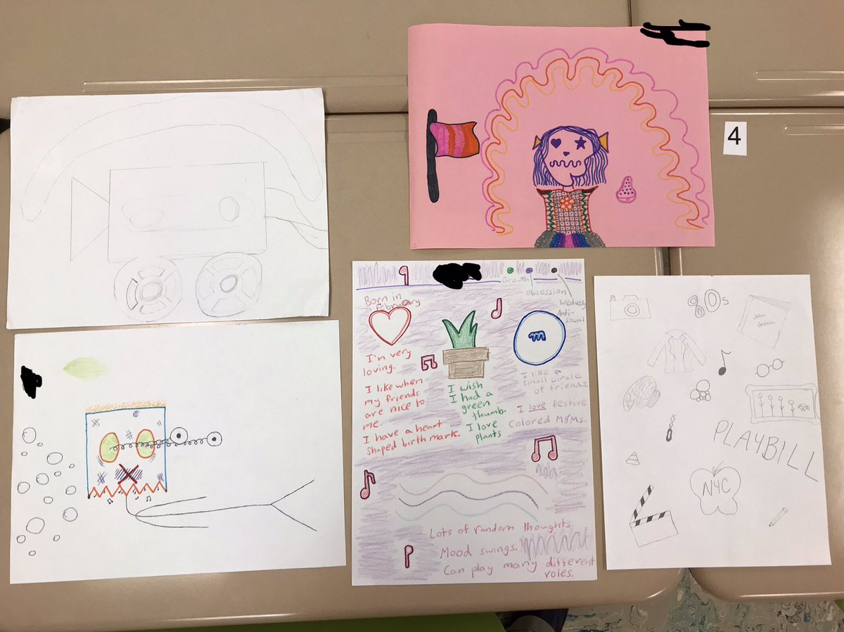 JenkinsJokes's tweet photo. My Intermediate Drama &amp; Theatre students were tasked with creating a Self-Portrait using using shapes, different types of lines, and symbols to represent their personality. Then, they had to explain to the class each purposeful decision to create this abstract image. https://t.co/wAG3iBncOI