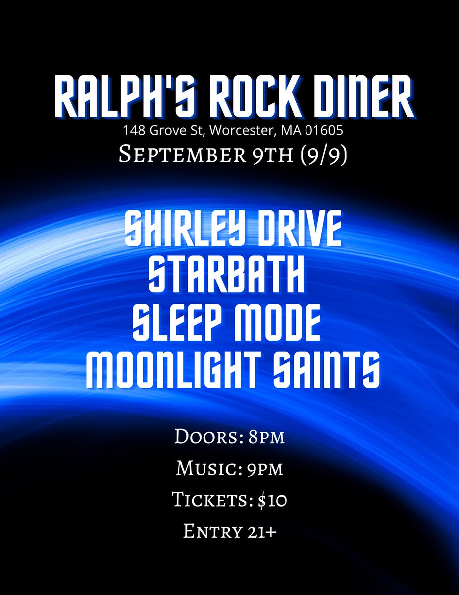StarBathBand's tweet photo. Next Friday we will be playing with all these groovy people Ralph's Rock Diner Definitely come out and rock with us! We're so excited to play with our friends in Sleep Mode and Shirley Drive and we're stoked to be playing with Moonlight Saints . 

#liveperformance #worcestermusic https://t.co/FEQTBJrklo