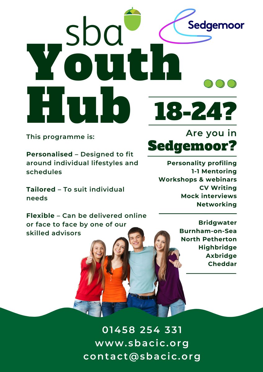 SBA Youth Hub still has spaces for 18-24 year olds in #Sedgemoor - offering #PersonalityProfiling, #CareersAdvice and #CVSupport - get in touch to find out more 01458 254 331 / contact@sbacic.org #youthhub #jobs #recruitment #youngpeople