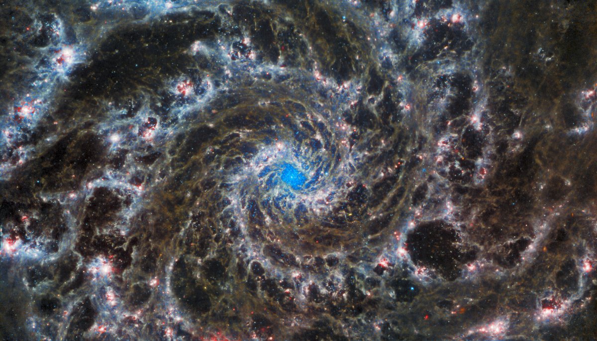 Feast your eyes on the beautiful spiral structure of the Phantom Galaxy, M74, as seen by Webb in the mid-infrared. Delicate filaments of dust and gas wind outwards from the center of the galaxy, which has a ring of star formation around its nucleus. esawebb.org/images/potm220…