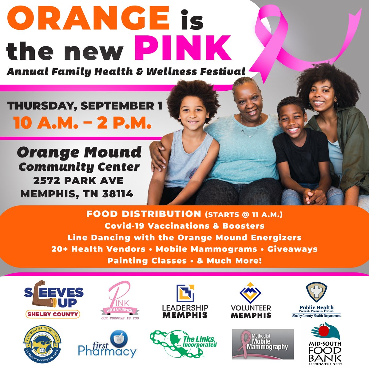 ShelbyTNHealth's tweet photo. Join Leadership Memphis, Volunteer Memphis, the Mid-South Food Bank, the Links, Inc, and Pink with a Purpose for the Orange is the New Pink Family Health and Wellness Festival on Thursday, September 1, 2022, 10am to 2pm at Orange Mound Community Center. #SleevesUpShelbyCounty https://t.co/NR5u28TgMk
