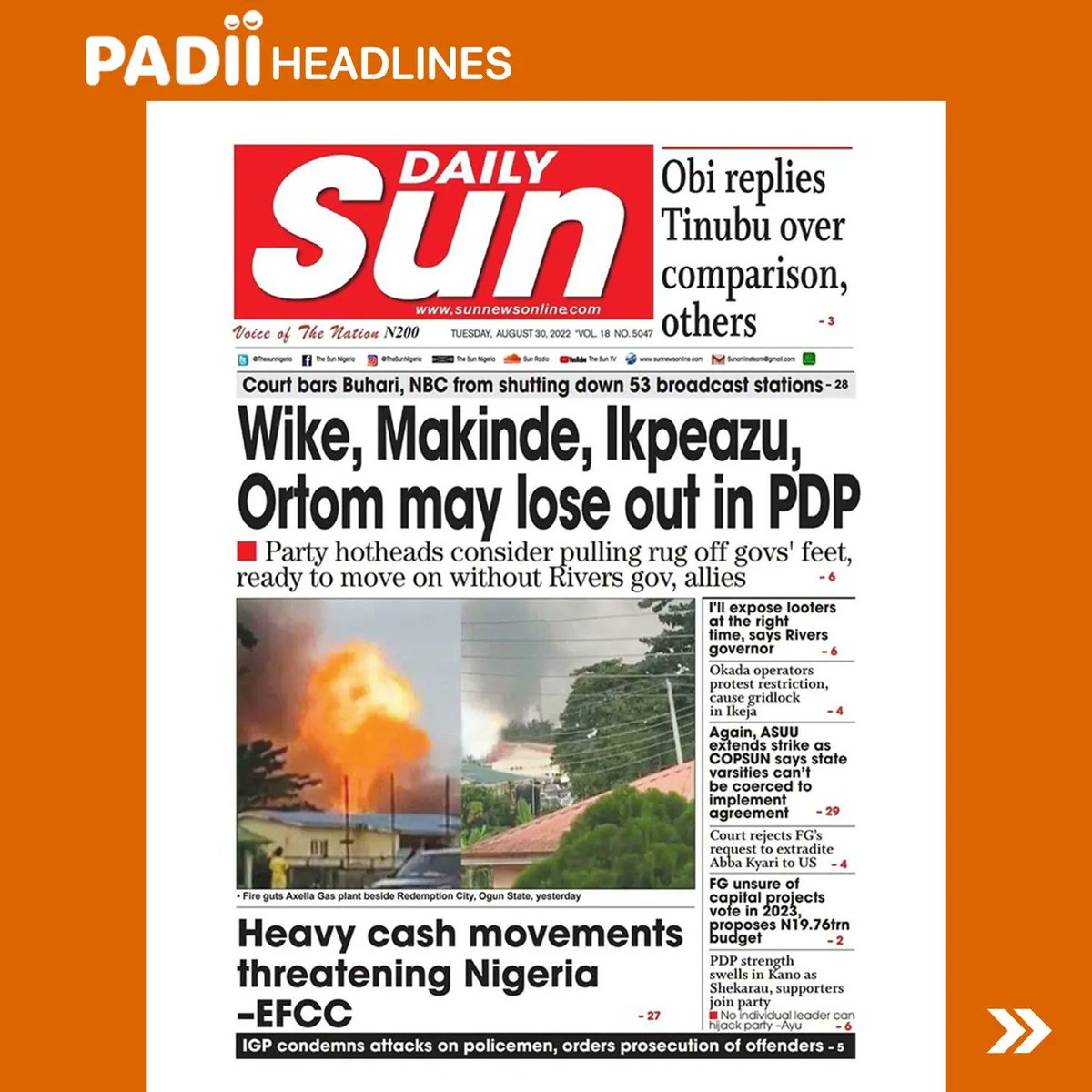 PadiiRadio's tweet photo. Headlines in today's newspapers - Tuesday, 30th August 2022.

@thenationnewspaper
@businessdayng
@MobilePunch

#PADIIRadio
#PADIIfm
#PADIInews
#news
#headlinenews
#politics
#business
#lagos
#nigeria https://t.co/WQAyzuREC1