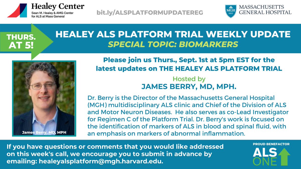 alsone_official's tweet image. Thurs 9/1 @5pmET: The latest updates on the #Healey #ALSPlatformTrial. This week’s webinar will be hosted by James Berry, MD, MPH of @MGHNeurology, who will give updates, discuss biomarkers &amp;amp; answer questions.  Reg@ bit.ly/ALSPLATFORMUPD… #ALS #ALSBiomarkers #HealeyHope #EndALS