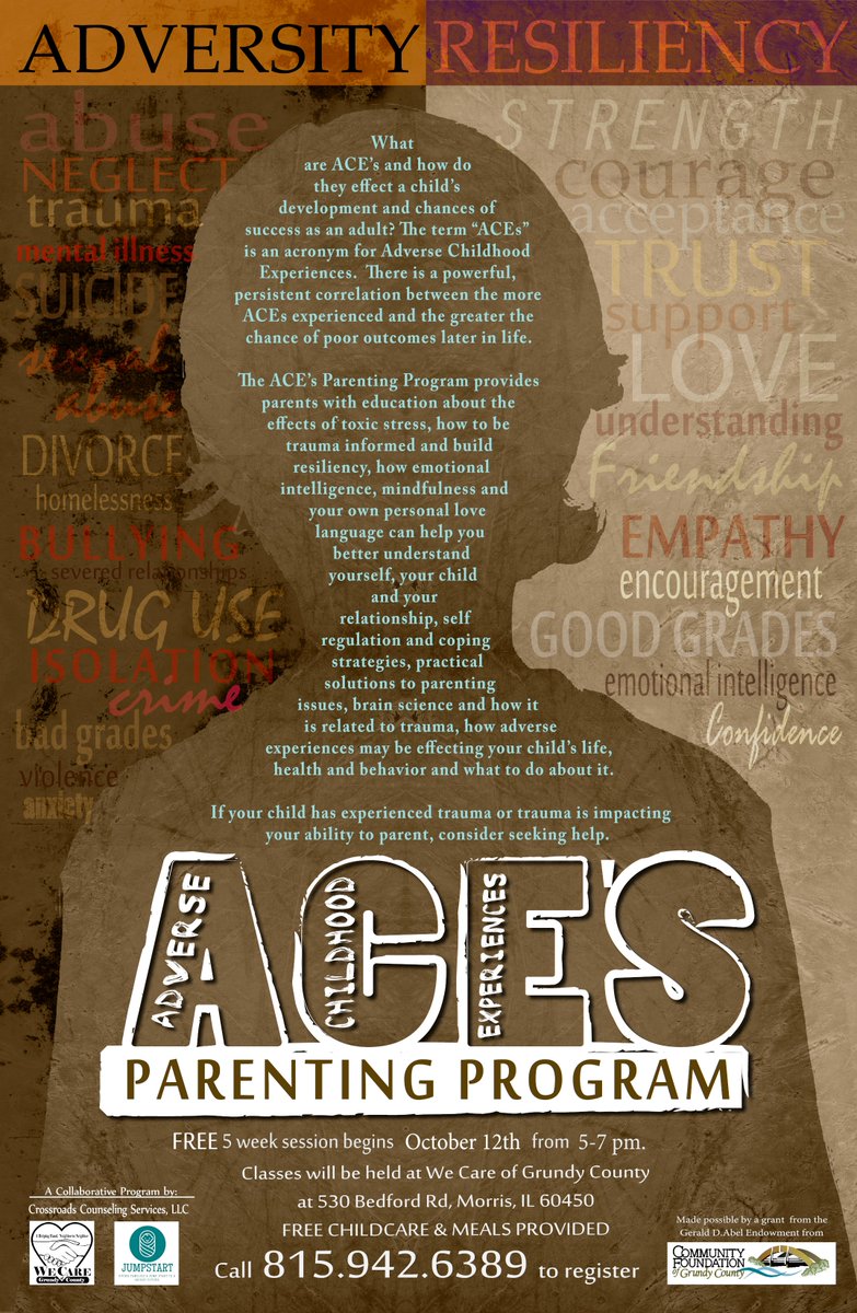 We are starting the next free 5 week ACE's Parenting Program on Oct 12th from 5pm-7pm.

If your child has experienced trauma or trauma is impacting your ability to parent, this FREE educational program may help.

To register, please call We Care at 815-942.6389.