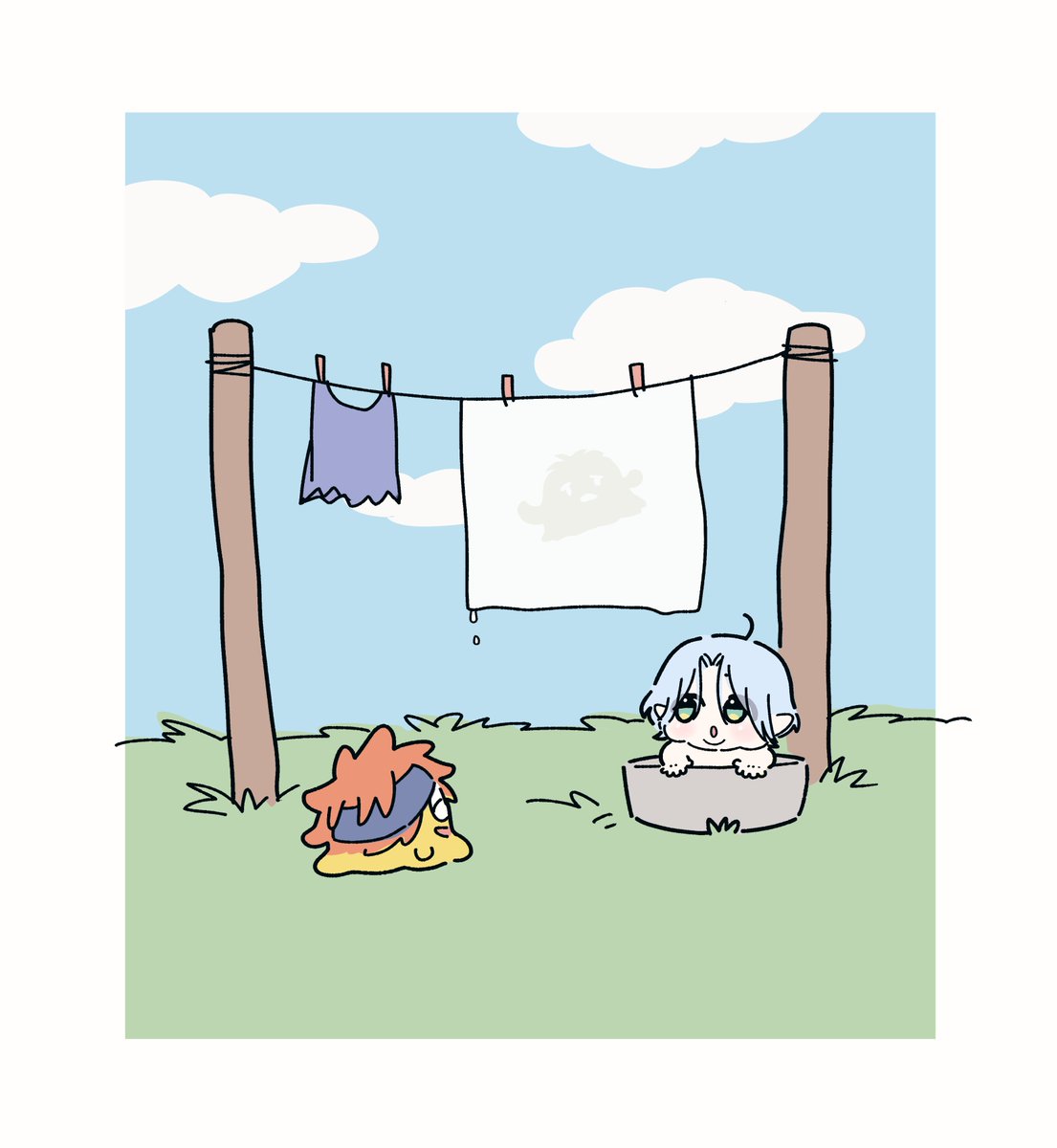 clothesline laundry green eyes sky pointy ears cloud outdoors  illustration images