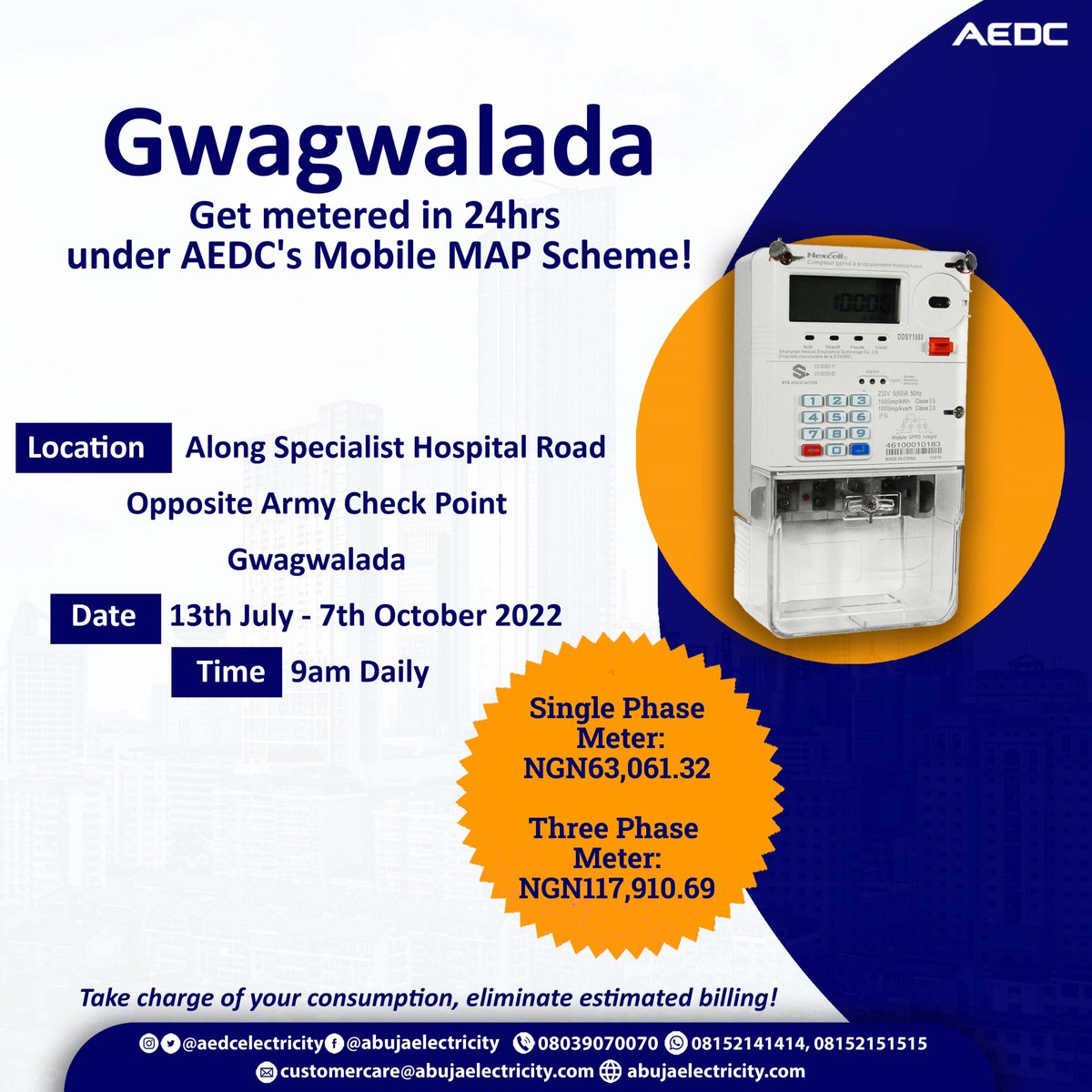 aedcelectricity's tweet photo. Take advantage of the AEDC Mobile MAP Scheme in your neighbourhood and get your premises metered in 24 hours.
#AEDC #Abujadisco #getmeteredwithmap #mobilemapmetering https://t.co/hsb82ClP2n