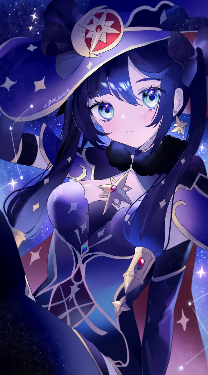 mona (genshin impact) 1girl solo hat witch hat twintails jewelry breasts  illustration images