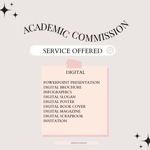 wynnona_tara's tweet photo. Hi comsstwt! Meraki Commissions offers quality and affordable services for your academic related inquiries, don’t hesitate to slide their dm for more information. 🥰 #comsstwt https://t.co/VIl5cBMx5y