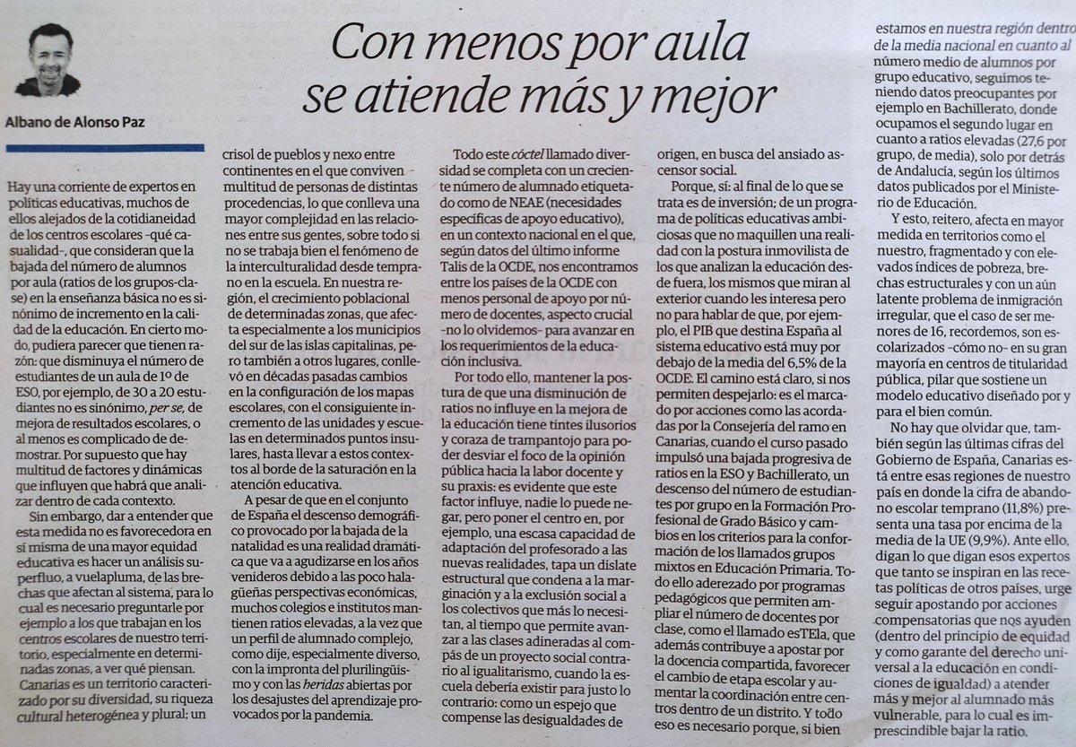 albanodealonso's tweet photo. Hoy en @eldia explico, con datos en la mano, por qué con menos alumnos por aula se atiende más y mejor.
Por mucho que digan los "expertos".
#BajarLaRatio https://t.co/VkNOLb8P8W