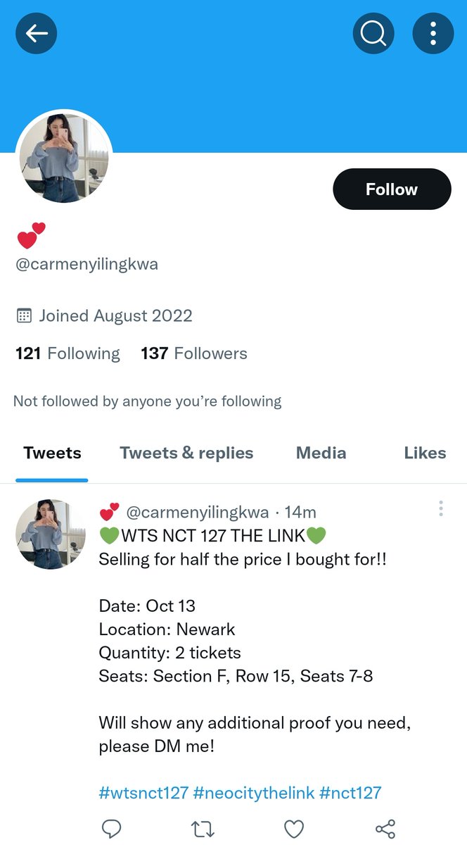 mop_wins's tweet photo. This scammer is still at it! Their original account had been suspended but they've created a new account @/carmenyilingkwa - please share and report! 

#NCT127_NEOCITY_THE_LINK
#NCT127 #NCT #WTS #WTB https://t.co/knpScflAdC