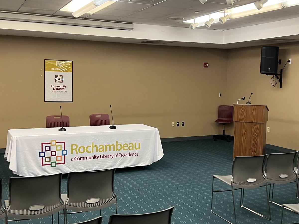 steveahlquist's tweet photo. The room is set up for this evening’s Secretary of State Primary Election forum at Rochambeau Library in Providence. Candidates @SBeaute_ and @GreggAmore1 will take questions starting at 6pm! @UpriseRI https://t.co/vuGLqWcxkp