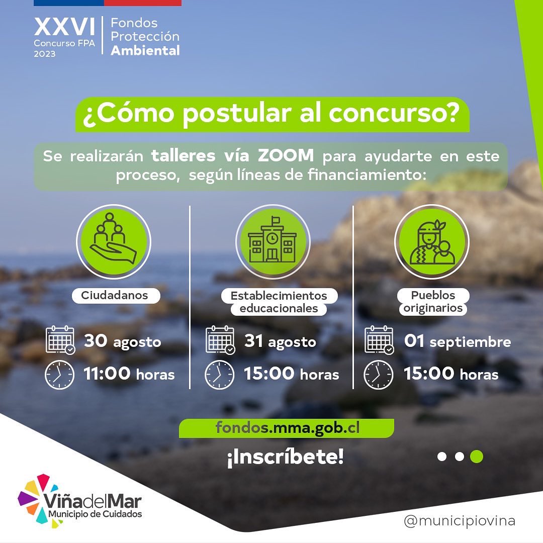 🌱 El Ministerio de Medio Ambiente invita a postular a los Fondos de Protección Ambiental (FPA) 2023 | Interesadas/os que deseen postular, pueden acceder a talleres de capacitación que realizará el MMA vía ZOOM.

👉 Más información: fondos.mma.gob.cl

<a href="/MMAChile/">Ministerio del Medio Ambiente</a> <a href="/vinadelmar/">Municipio de Viña del Mar</a>
