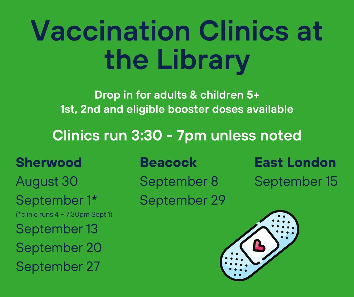 Library vaccination clinics for adults and children 5 years + continue this fall at Library locations.
THIS WEEK at SHERWOOD BRANCH
TODAY: 3:30-7pm 
Thursday: 4 – 7:30pm 

Find eligibility details and more <a href="/MLHealthUnit/">MLHealthUnit</a> vaccination clinics here: buff.ly/3wFDNxj