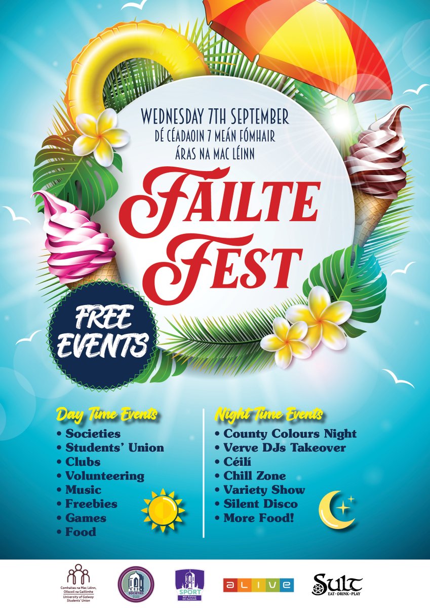 UniOfGalwaySU's tweet photo. There's LOADS coming up for Fáilte Fest next Wednesday 7th of September to welcome everyone back to campus all day and all night 🥳
Best of all it's completely FREE 😎
#DoChomhaltas #FáilteFest #Freebies #CountyColours #SemesterOne https://t.co/Ey3kjJgM8Z
