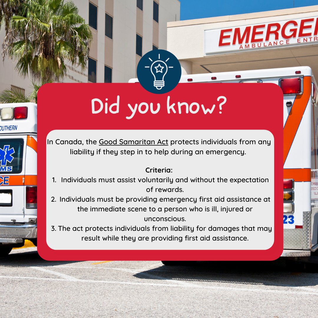 heartzapsafety's tweet photo. Did you know there are laws in place that protect individuals when they give CPR/first aid in emergency situations?

The Good Samaritan Act serves to protect individuals who provide life-saving assistance from legal liability. 

#firstaid #healthandsafety #kw #northbay #cambridge https://t.co/stG7a2p6tU