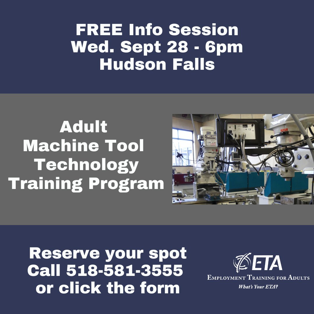 BocesEta's tweet image. #MachineToolTechnology Training for adults - FREE info session Sept. 28, 2022, 6pm, #HudsonFalls
etaprogram.org/apps/pages/Mac…
 
#ETA #WhatsYourETA #WSWHEBOCES #WIT #glensfalls #hudsonfalls #saratogasprings #skilledtrades #sglensfalls #queensbury #fortedward #lakegeorge