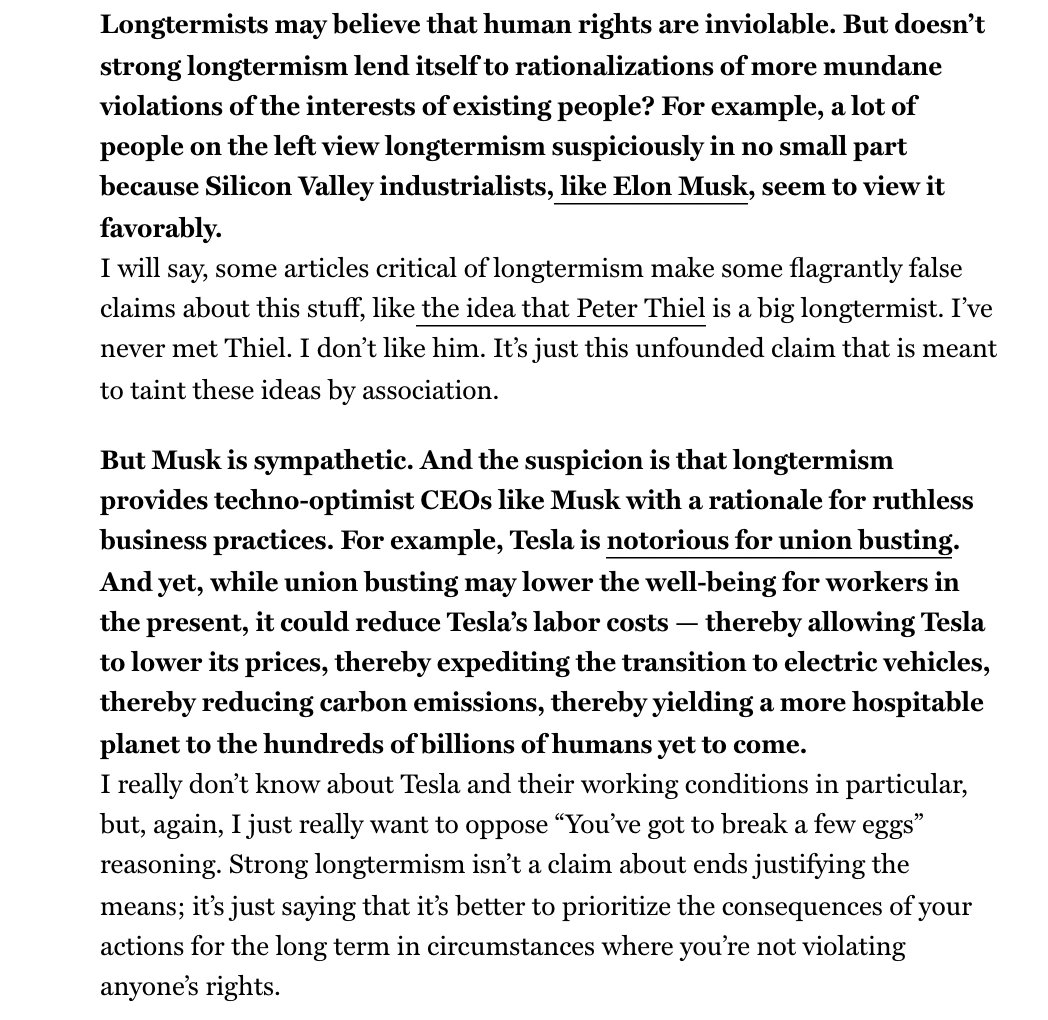 EricLevitz's tweet photo. I asked @willmacaskill about Elon Musk's support for longtermism - an outlook that emphasizes our moral obligation to future generations - and whether his philosophy helps tech CEOs rationalize ruthless business practices. Think our exchange was clarifying https://t.co/MjQupIkGCz https://t.co/vgUGQdJj2S