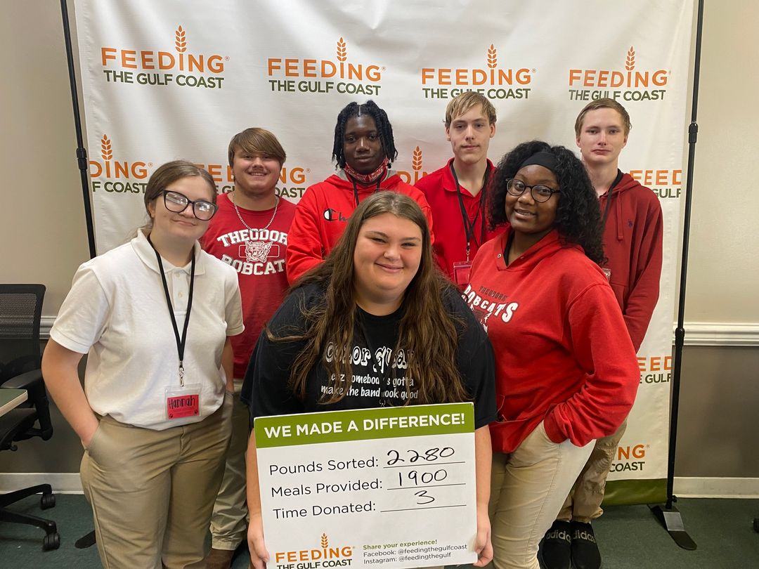 A group of Theodore High School students volunteered at Feeding the Gulf Coast on Monday morning. They sorted 2,280 pounds of food, which will provide approximately 1,900 meals for needy families in the community. Way to go, Bobcats! #BeEXTRAordinary #LearningLeading