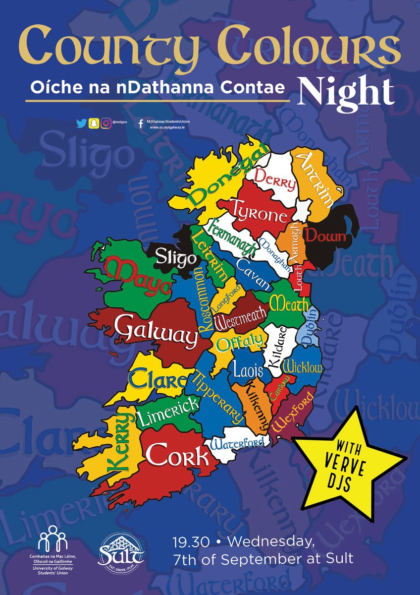 UniOfGalwaySU's tweet photo. There's LOADS coming up for Fáilte Fest next Wednesday 7th of September to welcome everyone back to campus all day and all night 🥳
Best of all it's completely FREE 😎
#DoChomhaltas #FáilteFest #Freebies #CountyColours #SemesterOne https://t.co/Ey3kjJgM8Z
