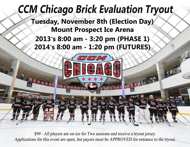 Let’s Get This Started! The CCM Chicago Brick team are starting evaluations November 8th for the incredible <a href="/brickhockey/">Brick Hockey</a> Invitational next summer in Edmonton. 2013s are Up Next!  #letsgo #allout