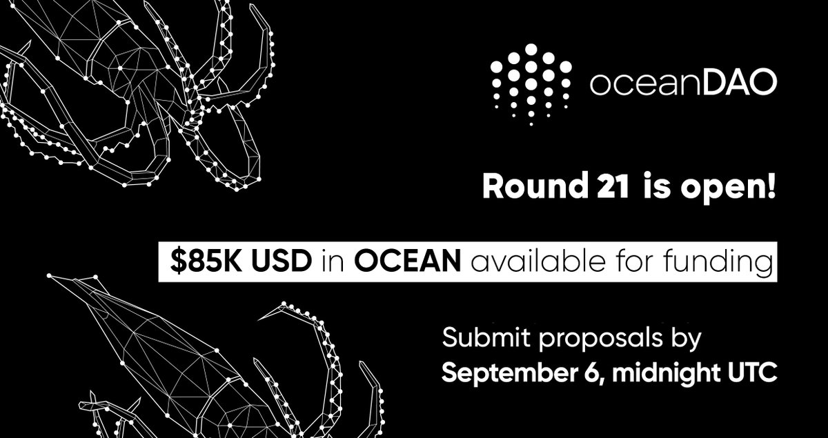 We are steadily moving toward a #NewDataEconomy and with <a href="/OceanDAO_/">OceanDAO</a> you have the opportunity to drive it! 👀🌊

Round 21 is LIVE with 💸$85,000 USD in OCEAN available for #Web3 #Data projects that will build on Ocean and advance the ecosystem! 

⏰DDL - Sept 6 @ midnight UTC