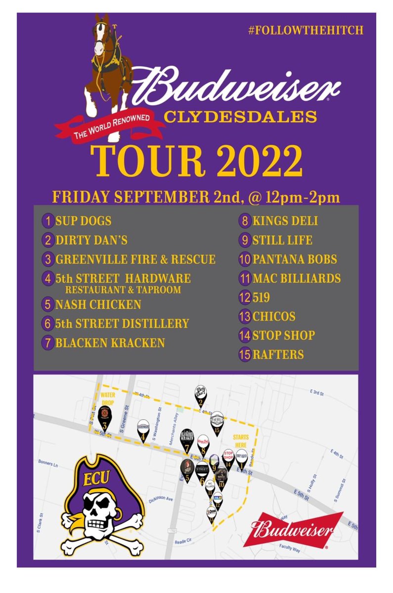 GreenvillePD's tweet photo. HOOVES UP: TRAFFIC ALERT! 

The Budweiser Clydesdales are making their way to Greenville. Expect some slight traffic delays this Friday between 12 and 2 as they tour the downtown area.

"Tis the season. #GoPirates! https://t.co/7cZZK5CowJ