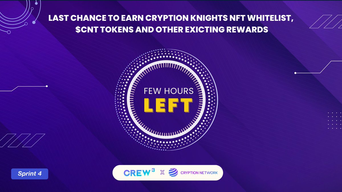 CryptionNetwork's tweet photo. ⏳ Only a few hours left for the Cryption Network - @crew3xyz Sprint #4 to end!

👉🏻 Complete quests now: https://t.co/ExlwwMVBSz

#CryptionKnights #NFT #Giveaway $CNT https://t.co/dR8U41orlT