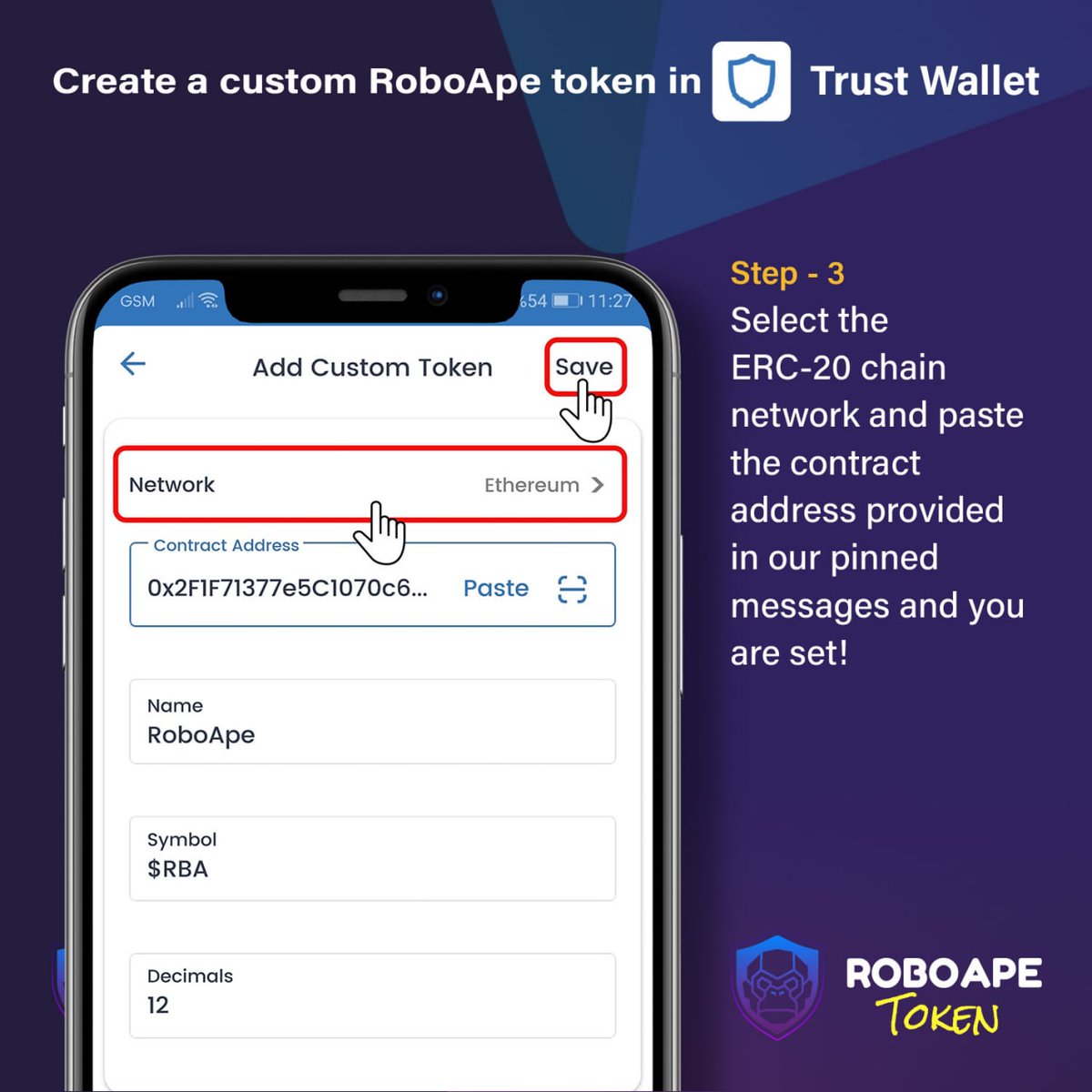ROBOAPE_TOKEN's tweet image. ROBOAPE 🦍

For Trust wallet users 🛡

Follow the instructions to create a custom Roboape Token! 

🔽 Make sure you input the correct contract address 🔽

0xD818c65974DeEFE9b1305b4d70B03E91390f5dd3