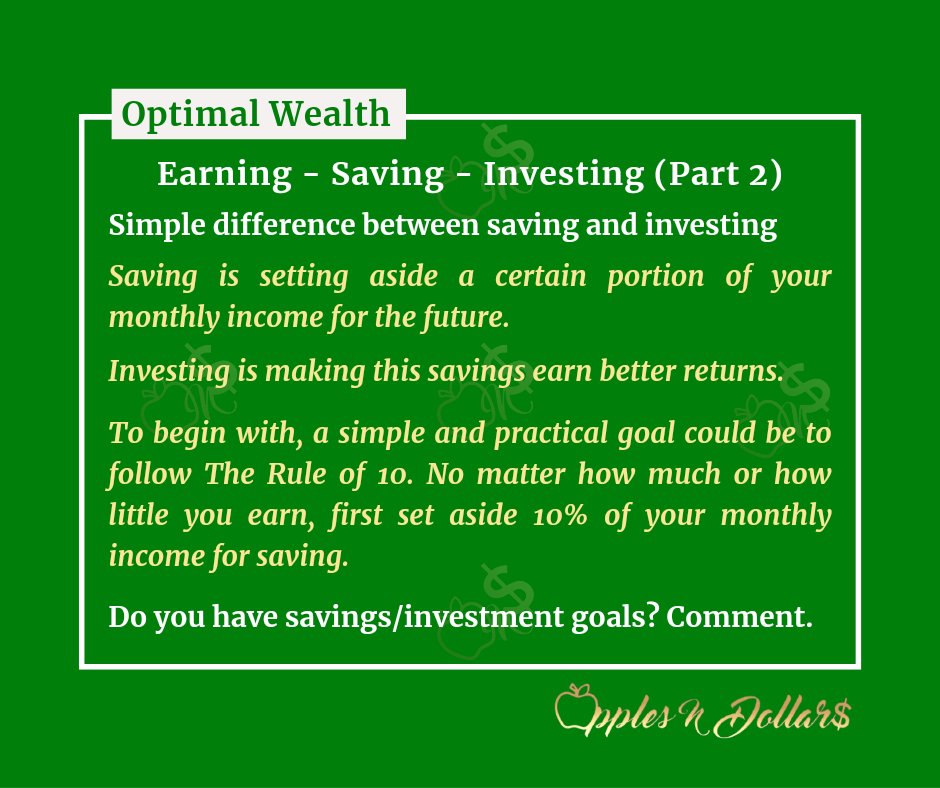 applesndollars's tweet photo. #26
Earning - Saving - Investing (Part 2)
Simple difference between saving & investing
Do you have savings/investment goals? Comment.
#applesndollars
#optimalwealth
#earning
#saving
#investing
#future
#betterreturns
#ruleof10
#monthlyincome https://t.co/cgF1nhgfn4