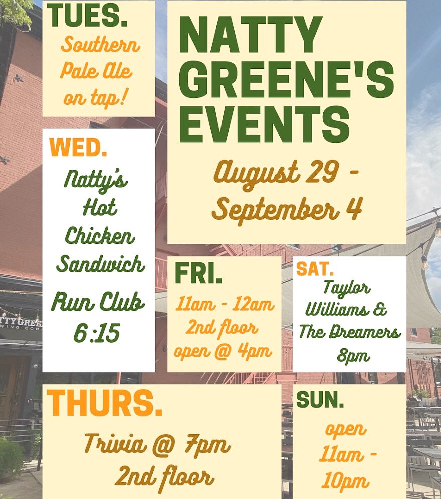 Natty_Greenes's tweet photo. This week @ Natty Greene’s 🍻
Stop by for a fresh pint of the Original Natty’s Pale, fresh on tap today!
.
.
#nattygreenes #dgso #336beer #brewery#localbeer #greensboronc #craftbeer #triad #drinklocal https://t.co/8Lb9novNfB