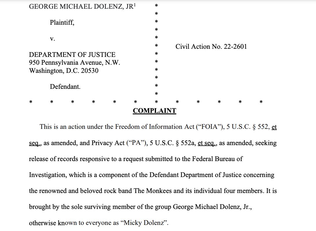 kyledcheney's tweet photo. Huh, Micky Dolenz, the lone surviving member of The Monkees, has lodged a FOIA lawsuit for FBI records related to the band. https://t.co/MAYhKEwAGQ