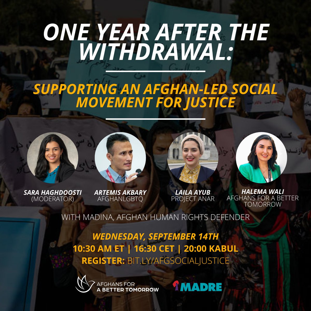 AfghansTomorrow's tweet photo. EVENT: Join us &amp; @MADREspeaks to hear from Afghan civil society leaders and community organizers, working in Afghanistan and in the diaspora, to resist the Taliban, end harmful US policies, and build a future rooted in justice and reparations.
 
REGISTER: https://t.co/4ozOGrv5vl https://t.co/nkUS9Ieoso