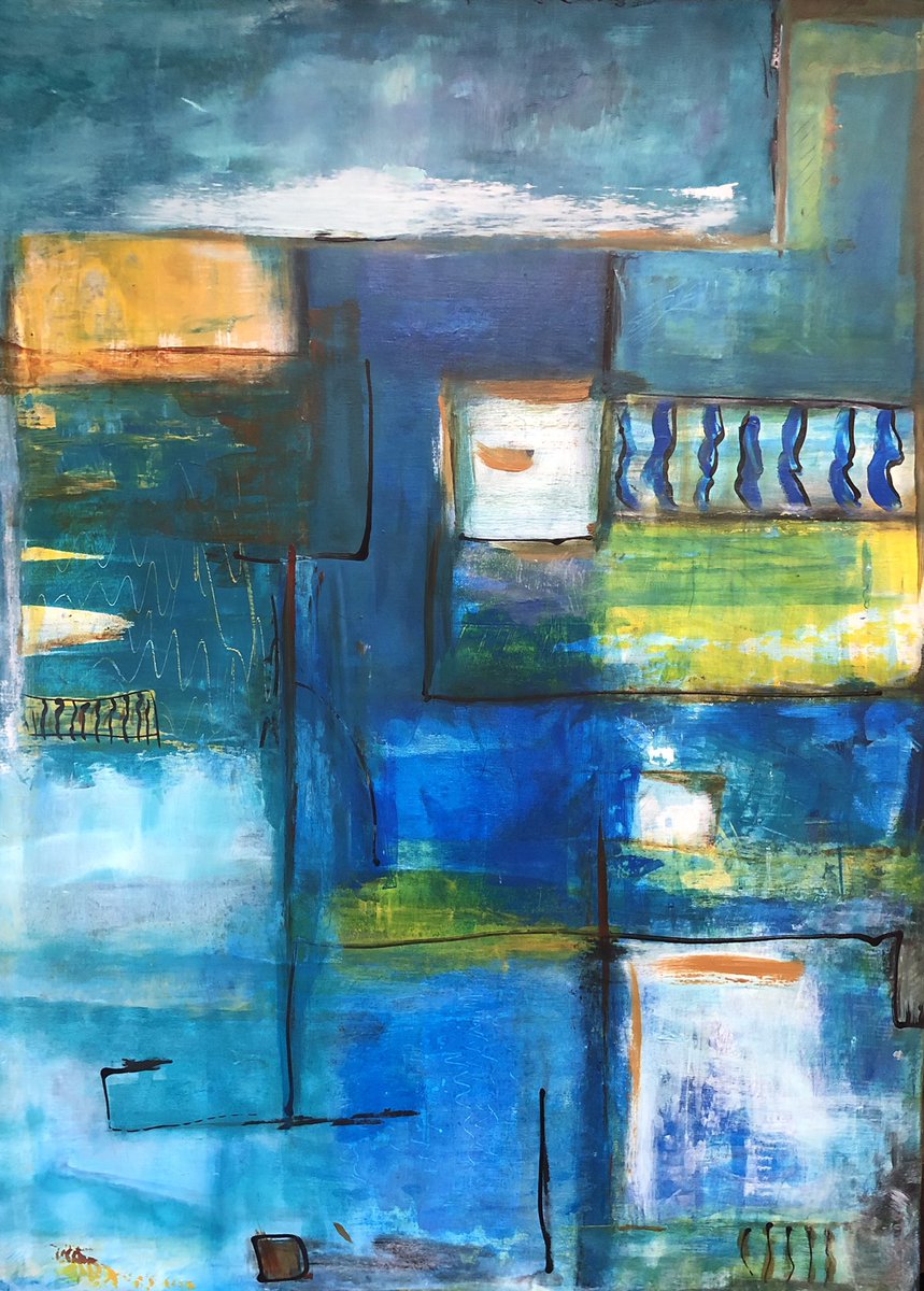 “Waterland” gemaakt met paletmes, kwast, ruitenwisser, water, acryl en inkt op 90x122 cm paneel.
Www@RietjeArt.nl