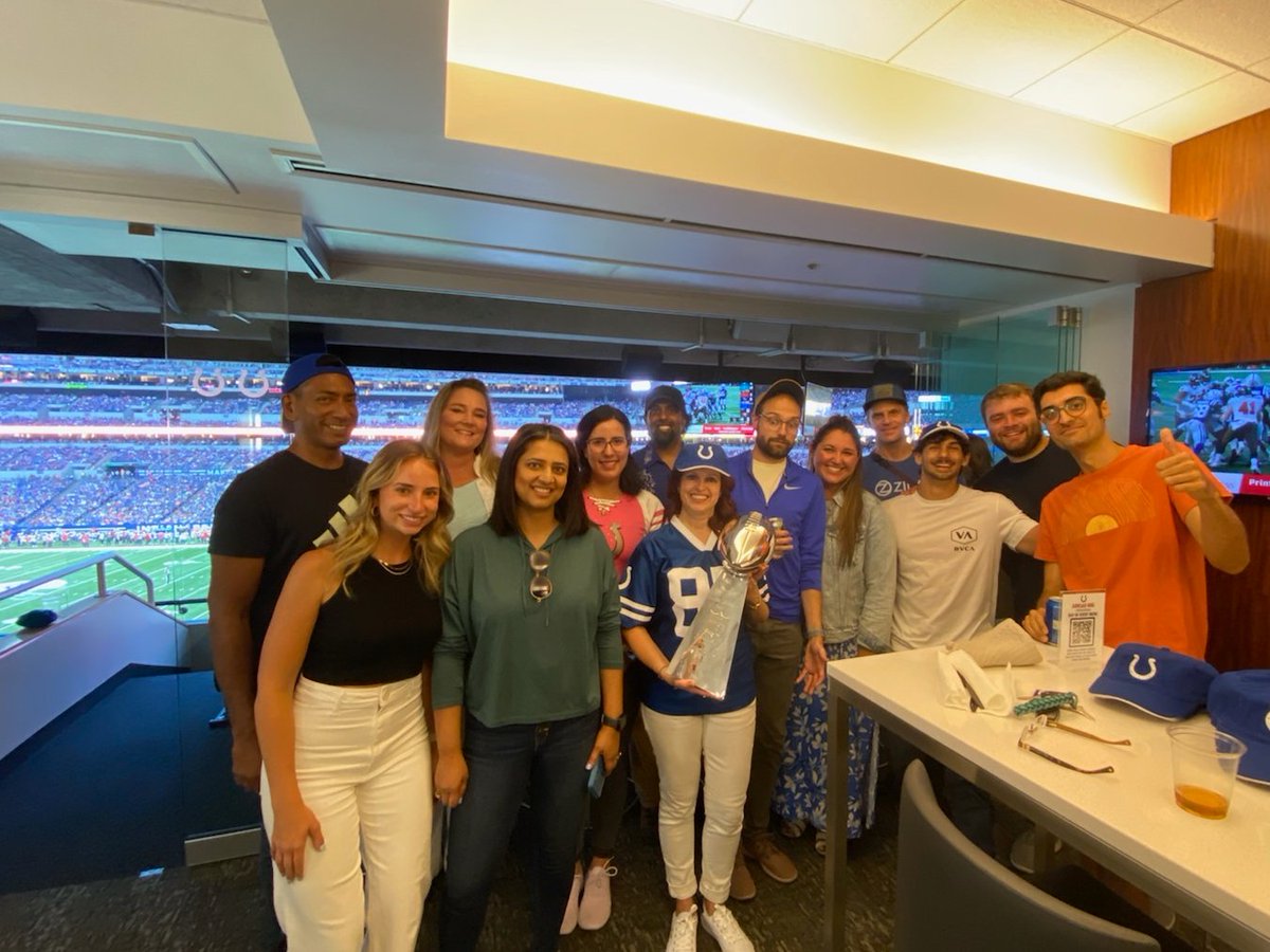 THGAccelerator's tweet photo. Last Saturday, THGX attended the Colts game, where mentors and founders enjoyed the game suite style that Elizabeth Palmer. We would also like to thank Larissa Clinton for getting the Lombardi trophy for photo opportunities and for getting THGX promoted on the big screen. https://t.co/5qBzR05tDj