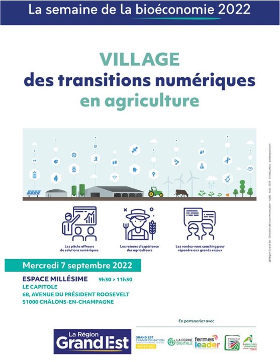 [Foire de Châlons] Rentrée agricole - Chambres d'agriculture
✅7 sept, 9h30 : Village des transitions numériques en agriculture piloté par <a href="/regiongrandest/">Région Grand Est</a> 
=> Enjeux et solutions numériques pour les agriculteurs
ℹ️ + inscription bit.ly/3q0np6I
<a href="/cra_grandest/">CRA Grand Est</a>