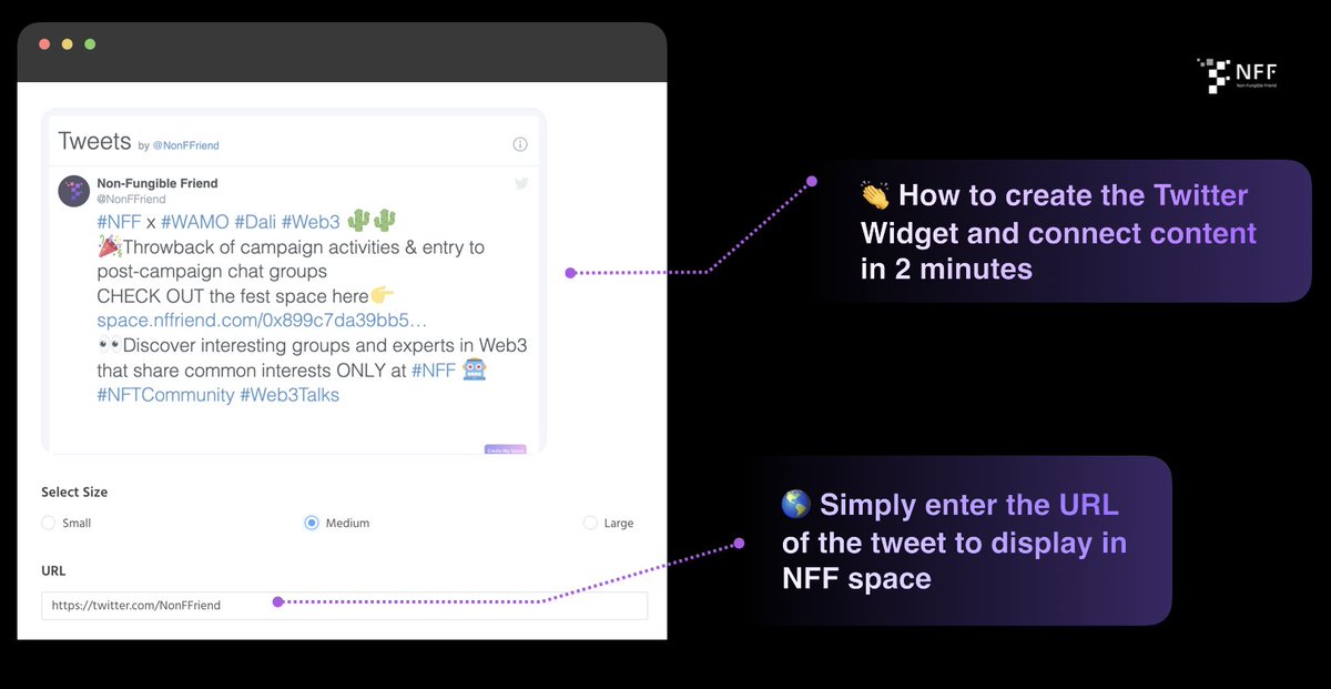 A Glance into  what #NFF V2.0 has to offer🌟

🚗🚗Connect🐦tweets to NFF space and get instant display on your profile!

🎗️Learn about connecting Web2👉Web3 step by step in Version2.0

More widgets on the way🐌🐌🐌

 #Metaverse #SocialFi #web3