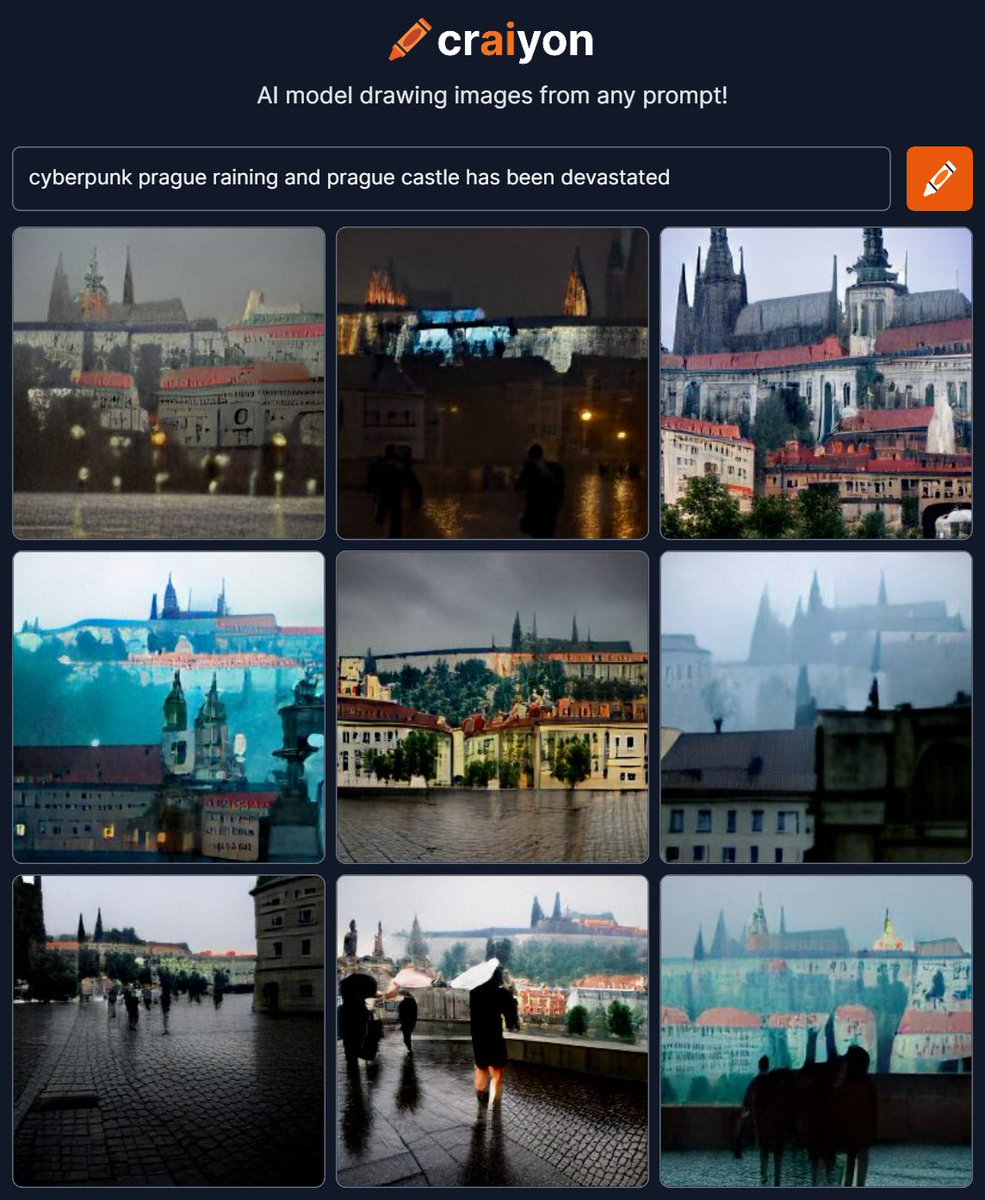 Medvidekpu's tweet photo. #midjourney vs #crayion cyberpunk prague raining and prague castle has been devastated https://t.co/PSrmuywowi