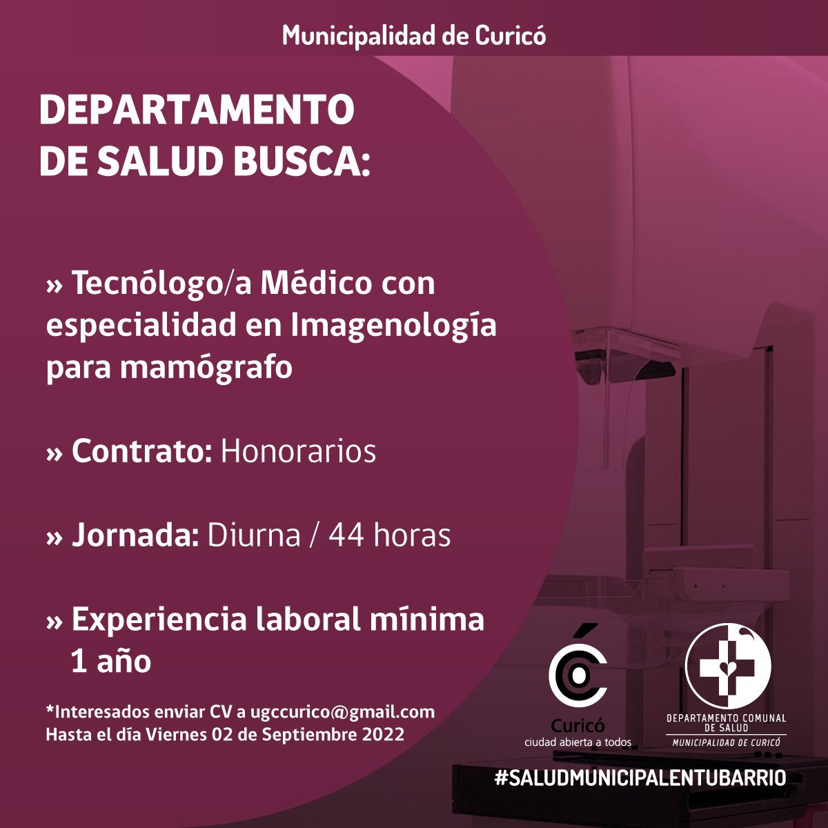 [OFERTA LABORAL]

El Departamento de Salud está buscando Tecnólogo/a Médico/a

Revisa las condiciones y si cumples con ellas, envía tu CV a ugccurico@gmail.com