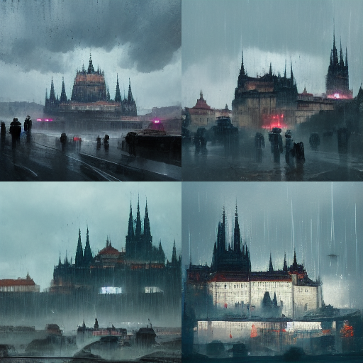 Medvidekpu's tweet photo. #midjourney vs #crayion cyberpunk prague raining and prague castle has been devastated https://t.co/PSrmuywowi