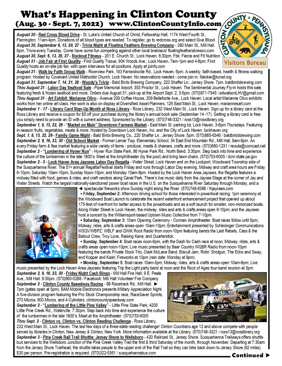 ClintonCountyPA's tweet photo. Hi, fans of Clinton County! Attached is your latest “What’s Happening” flyer! Please print, post &amp; share (we share this to our Explore Clinton County, PA Facebook page). For a full Calendar of Events, visit our website at https://t.co/772rVwWwb4. https://t.co/kbZAs8ZpA3