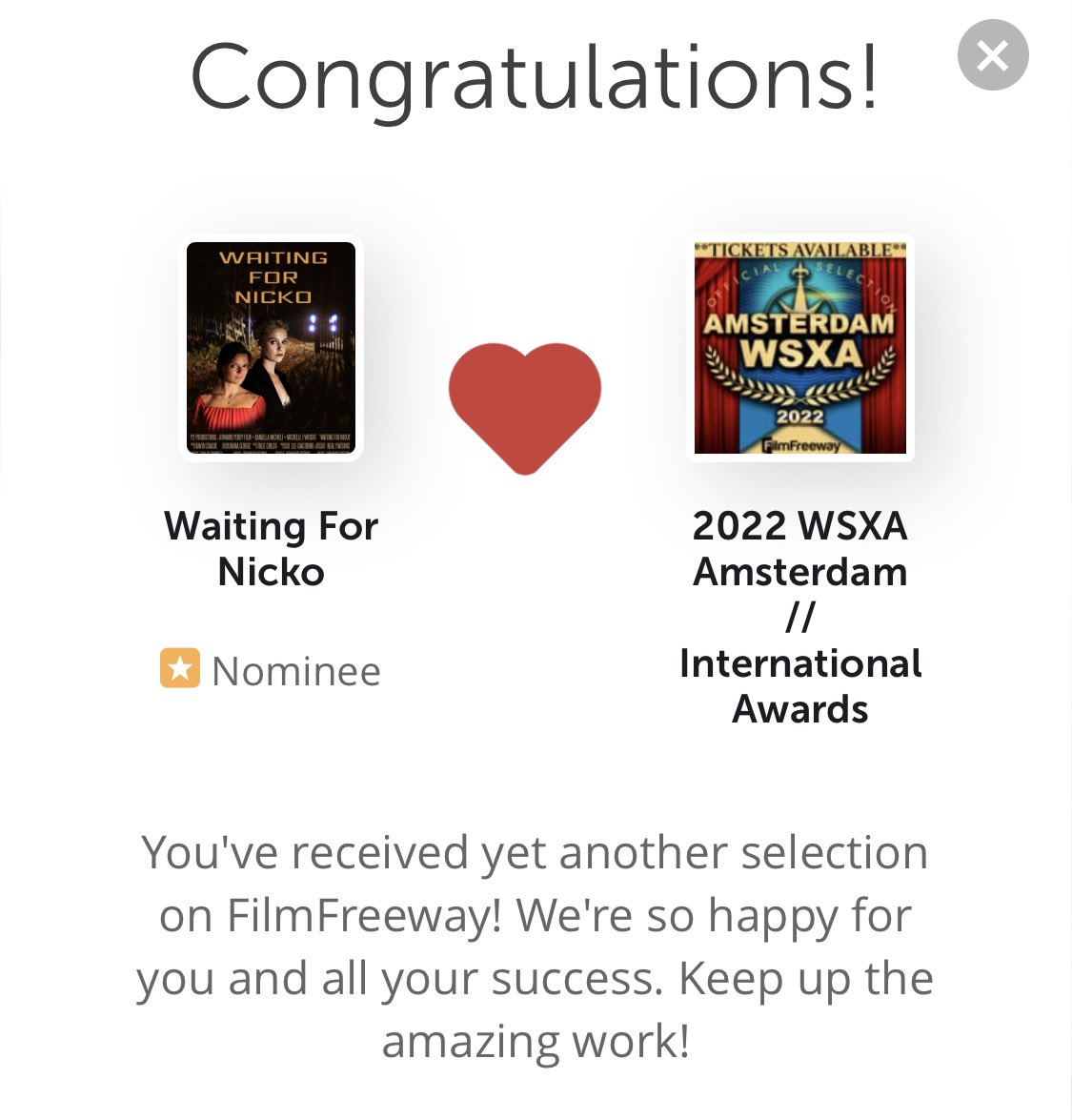 Great to hear that my short drama ‘Waiting for Nicko’ has been nominated for 2022 WSXA Amsterdam - International Awards for Best Short Film.  Fingers crossed for the final announcement. #indiedrama #shortfilm #indiefilm