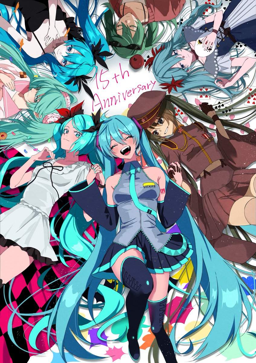 hatsune miku multiple girls long hair twintails skirt thighhighs necktie closed eyes  illustration images