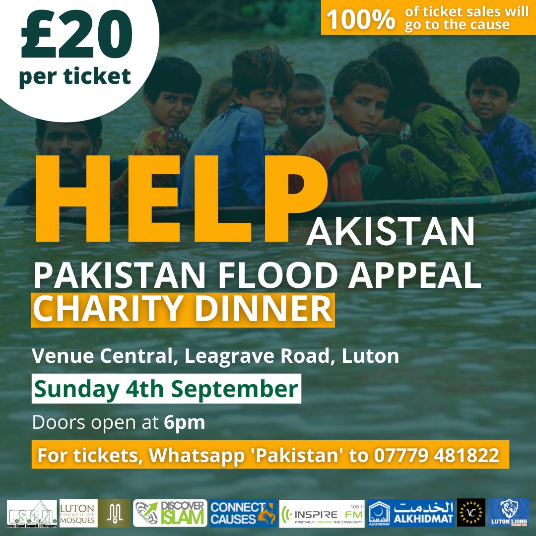 LutonMosques's tweet photo. CHARITY DINNER IN AID OF FLOOD RELIEF EFFORTS IN PAKISTAN

Luton's Muslim community, led by
Luton Mosques and supported by Inspire FM, Discover Islam, Connect4Causes, Luton Lions and Venue Central have come together to raise funds in aid of the flood victims in Pakistan. (1/4) https://t.co/QmVfIqo6IQ