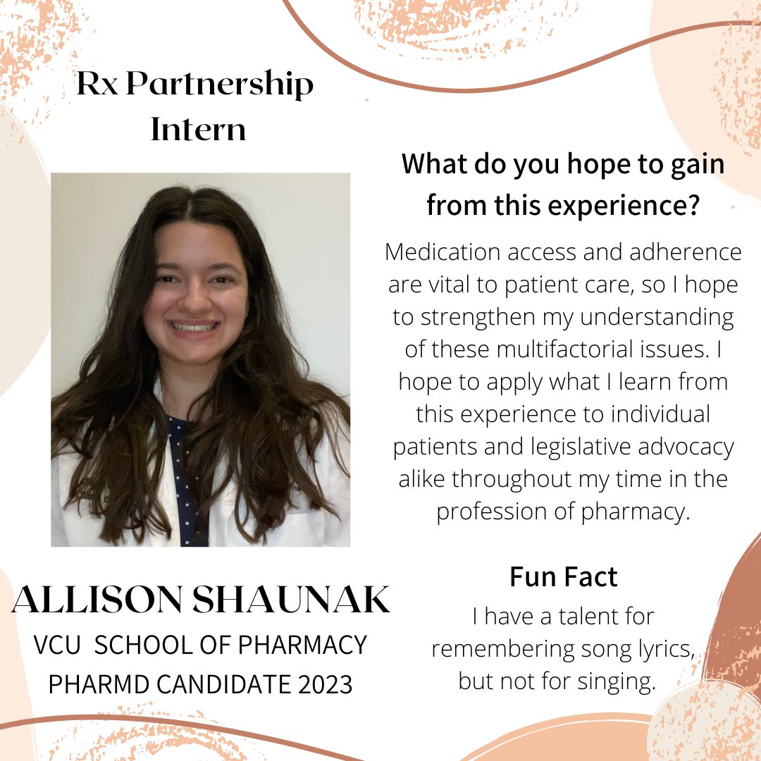 RxPartnershipVA's tweet photo. Allison is a fourth-year pharmacy student from @vcupharmacy who started her 5 week rotation with RxP yesterday! She will help RxP with various pharmacy and clinic related projects. We're excited to have her!

Welcome to RxP, Allison! #RxP #PharmacyIntern https://t.co/tRwxGaqVMy