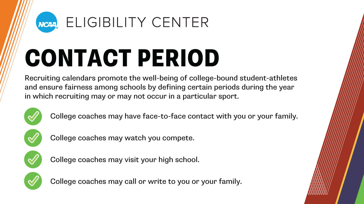 Is your sport in a contact period? View the <a href="/NCAA/">NCAA</a> recruiting calendars to learn what times of the year college coaches may contact you and your family.

➡️ on.ncaa.com/RecruitCal