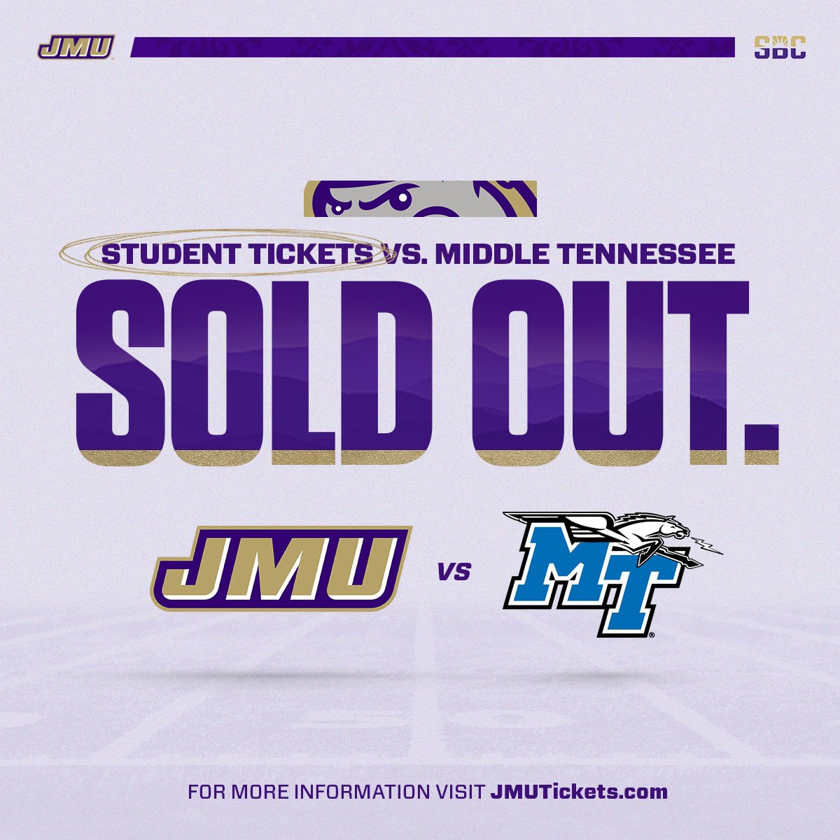 Student tickets for @JMUFootball on Saturday night are officially SOLD OUT! 💯 Make sure you can still join us for the opener - single-game tickets are still available! ⬇️ 🎟 | bit.ly/3cw6uG9 #GoDukes