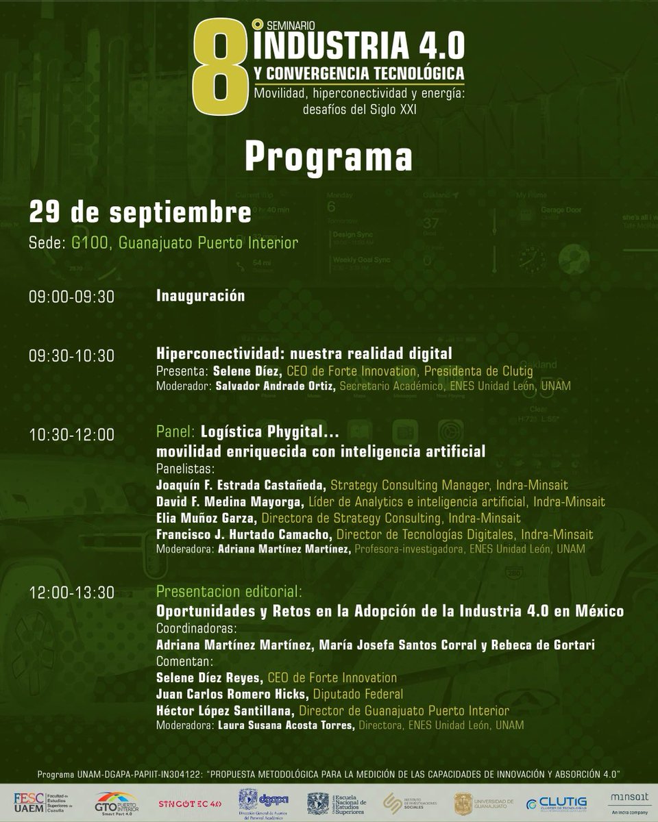 CtI40's tweet photo. 📣Te presentamos el programa del 📆 29/09 que se realizará en G100 de ⁦@PuertoInterior⁩ 

No te quedes fuera ‼️

Registro 👉🏻 https://t.co/DjgeKxc0a3

#Sincotec de la ⁦@ENESUNAMLEON⁩

⁦@clutig⁩ 
⁦@IndraCompany⁩ 
⁦@UdeGuanajuato⁩ 

#I40
#4IR https://t.co/WS6M4VJH6v