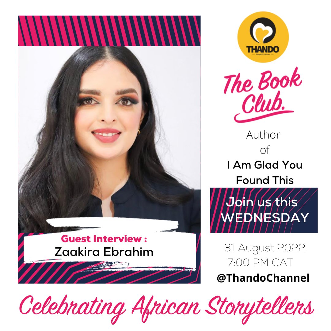 ThandoChannel's tweet photo. Tomorrow on #TheBookClub FB Live we have @Zaakira_Ebrahim, author of 'I am Glad You Found This'. She is a makeup artist, entrepreneur &amp; a creative writer. This is her first book where she takes the reader on a journey of growth and healing.
#thandochannel #read #authortwitter https://t.co/sRgQyC8Urv